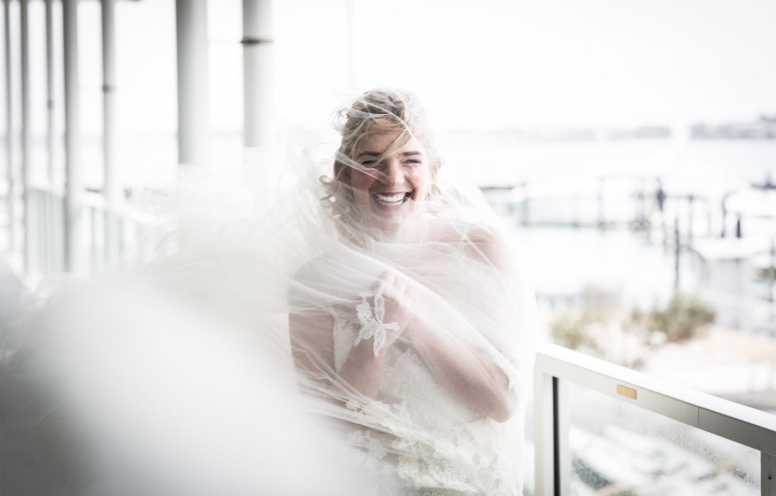 Windswept bride at Akarana Waterfront