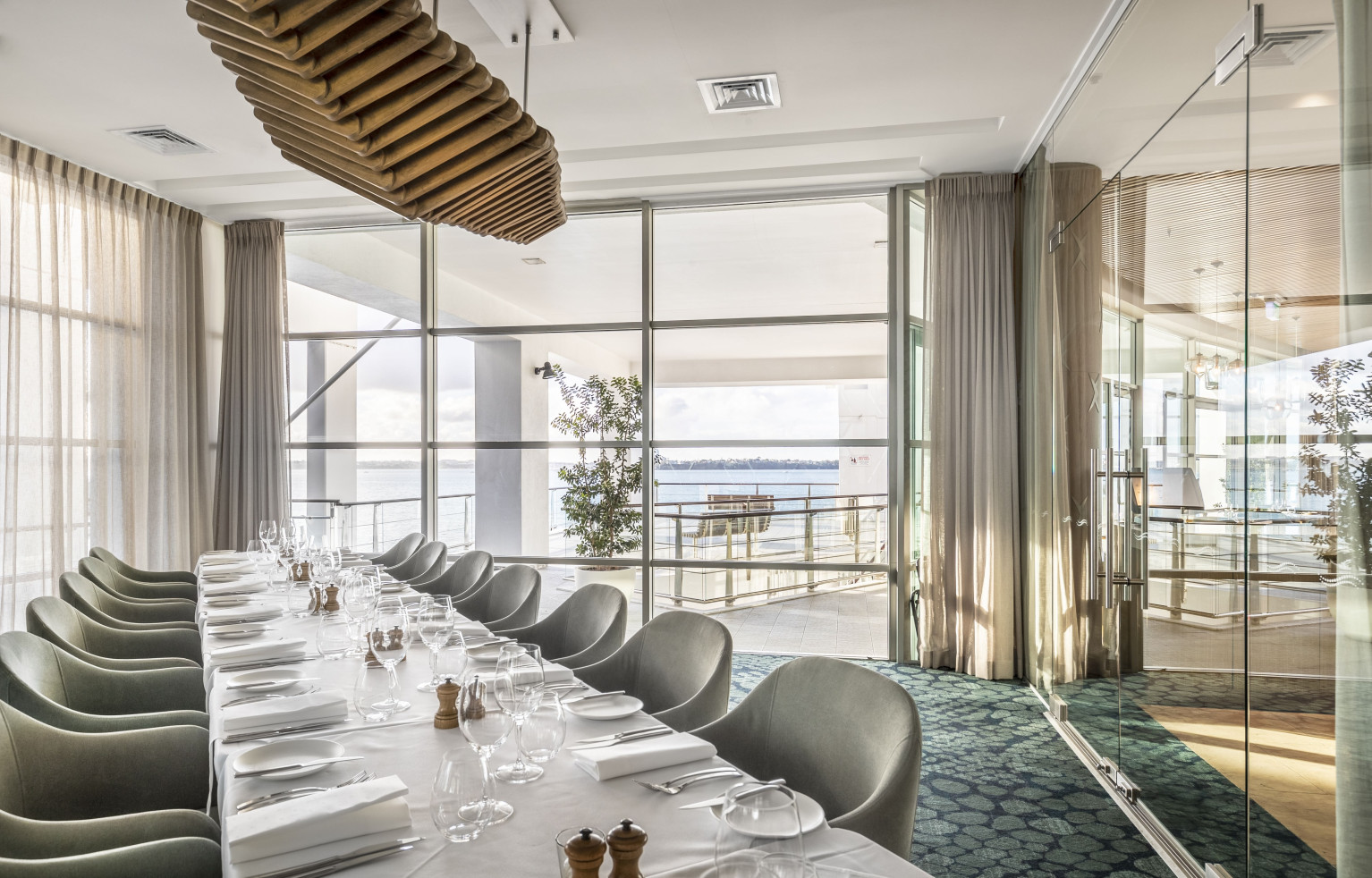 Indoor dining with waterfront views